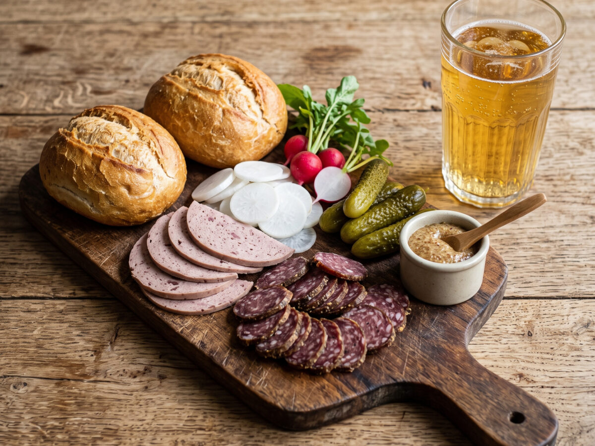 Hessische Brotzeit | Weck, Worscht un Woi | Frischer Handkäse, Wurst, Radi und Bauernbrot.