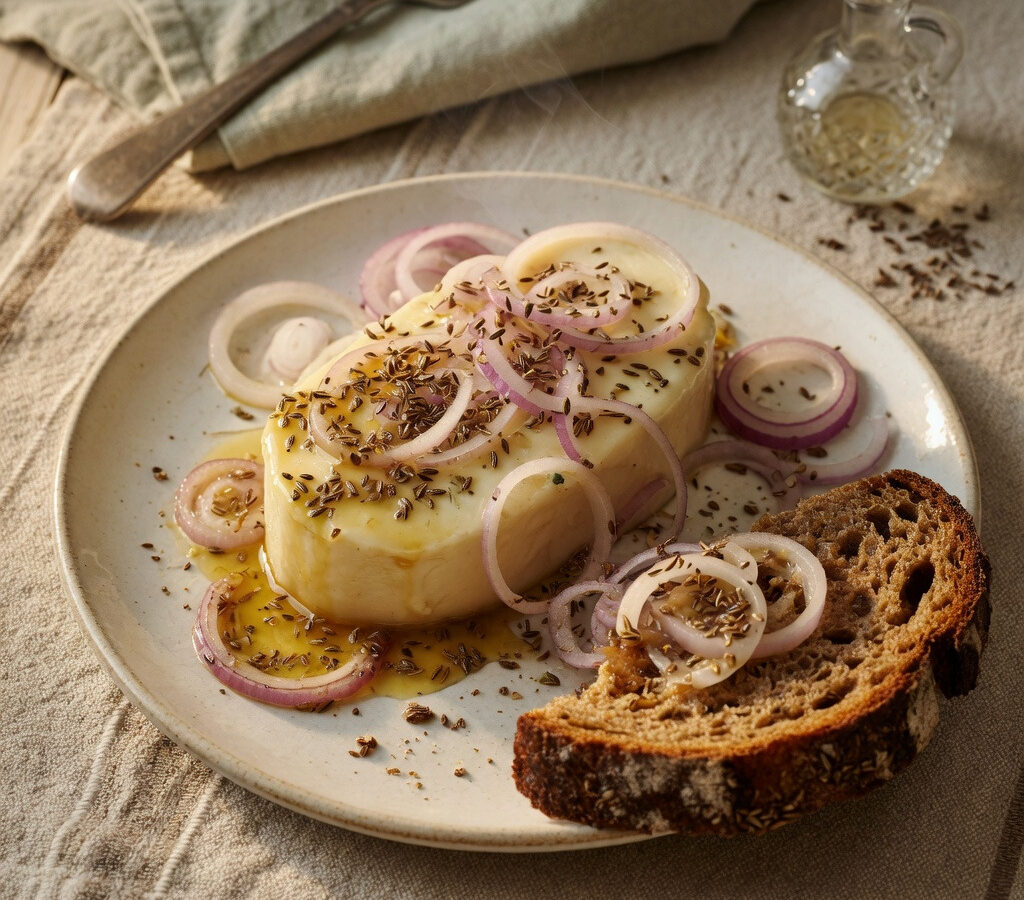Hessischer Handkäse, würzig mariniert und bereit für die Brotzeit.