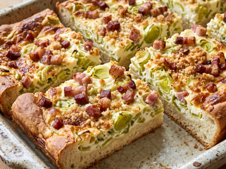 Hessischer Hefeteigkuchen | Hefeteig-Speckkuchen mit Lauch und Schmand | Luftiger Hefeboden, cremiger Schmand und würziger Speck – warm aus dem Ofen.