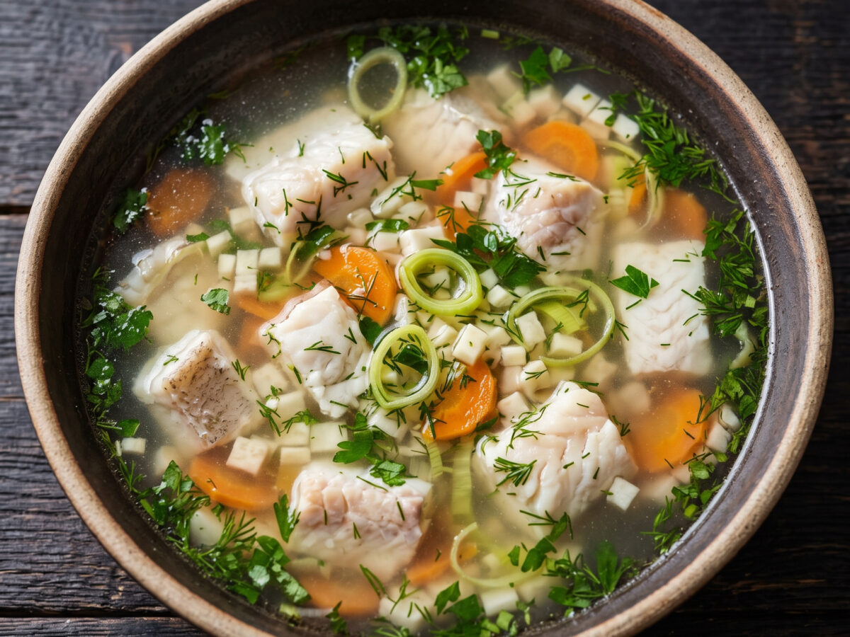 Klare Fischsuppe, Hiddenseer Art | Hiddenseer Fischsuppe | Klarer Fischfond, zarter Fisch, Wurzelgemüse und frischer Dill