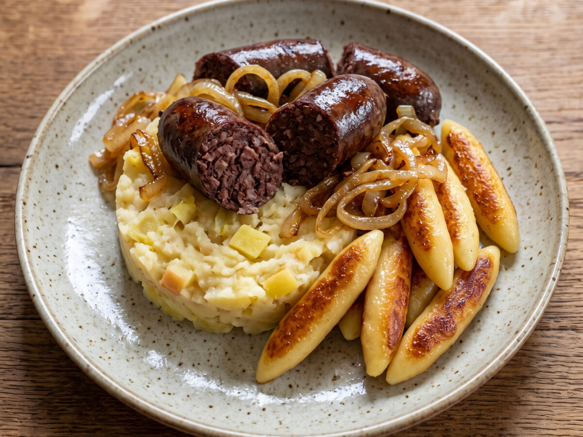 Himmel un Ääd mit Blutwurst und Schupfnudeln