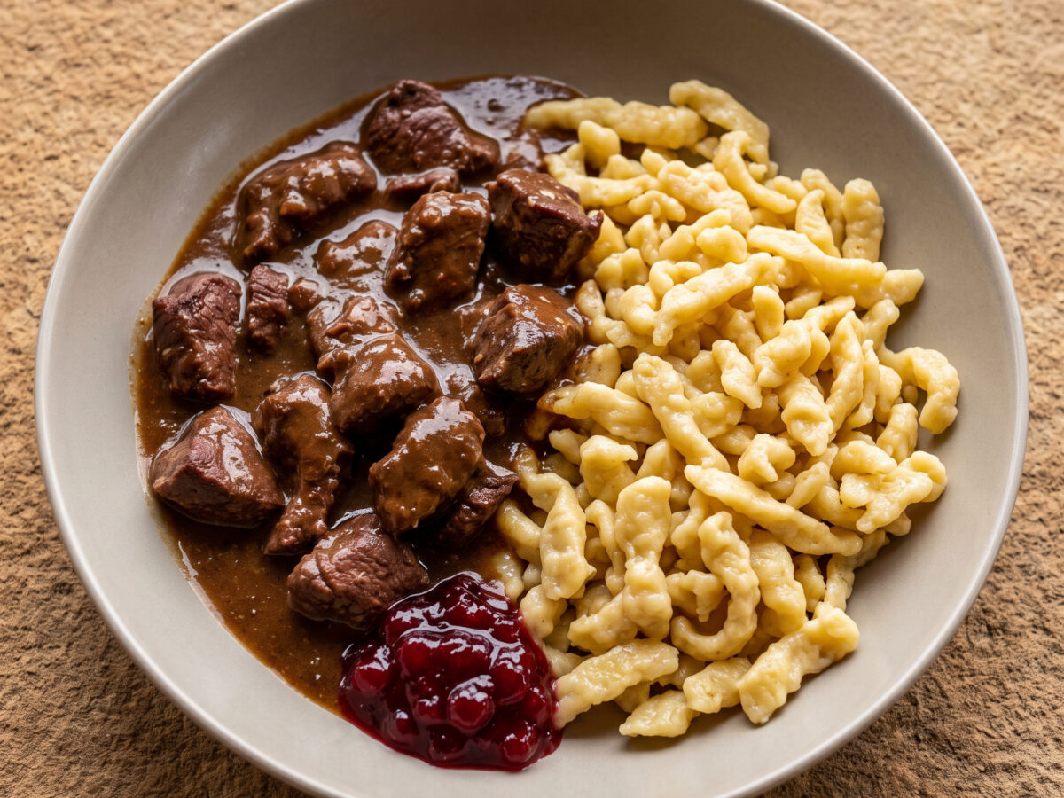 Hirschgulasch mit Spätzle und Preiselbeeren