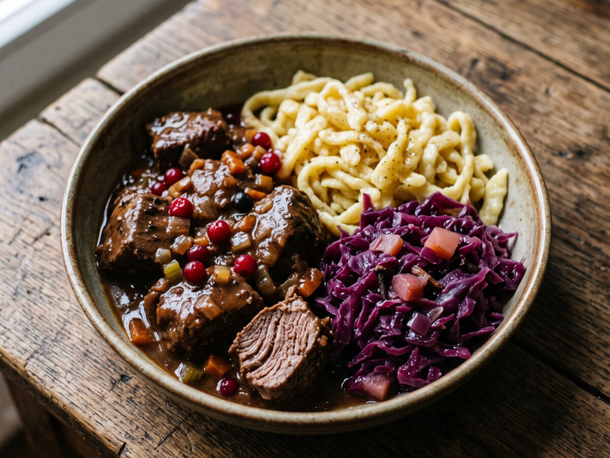 Hirschgulasch mit Spätzle und Rotkohl