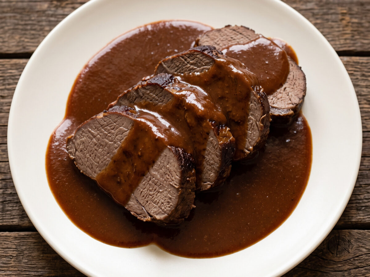 Hirschkalbsauerbraten mit Rotkohl und Kartoffelklößen