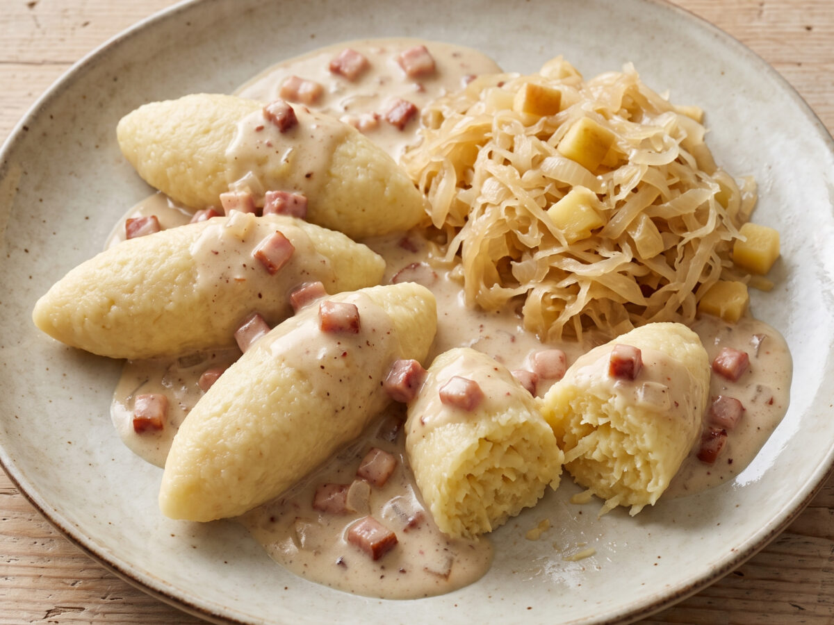 Hoorische mit Speckrahmsoße und Sauerkraut
