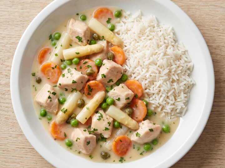 Hühnerfrikassee mit Spargel und Erbsen