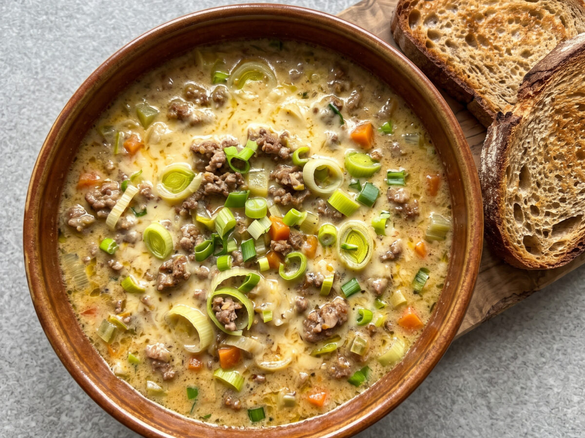 Herzhafte Käse-Lauch-Suppe mit Hackfleisch