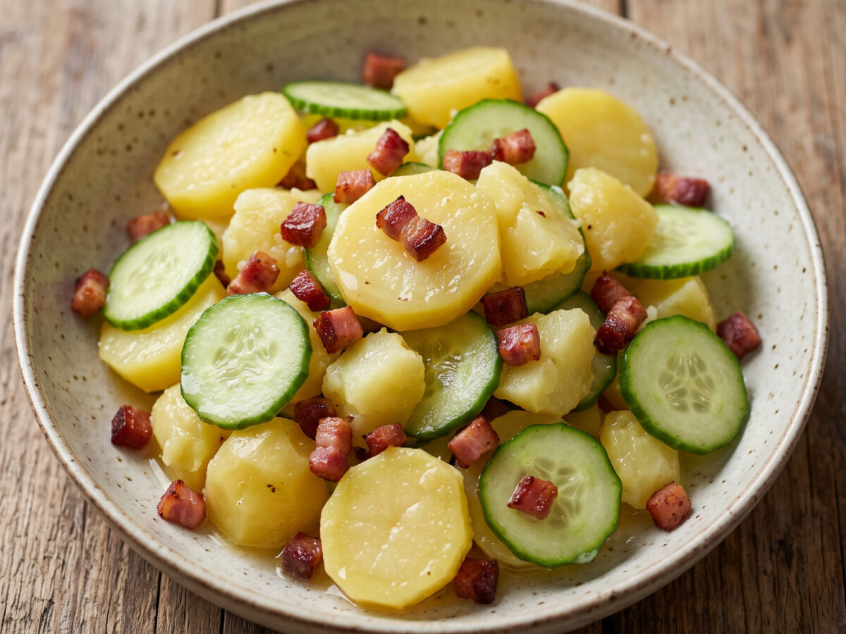Kartoffel-Gurkensalat mit geräuchertem Speck