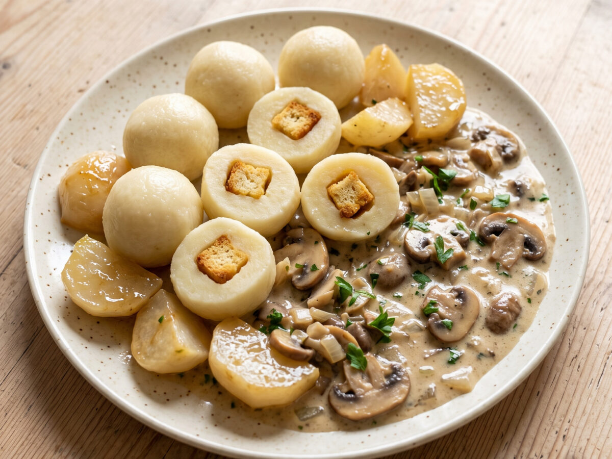 Kartoffelklöße mit Teltower Rübchen und Pilzrahm