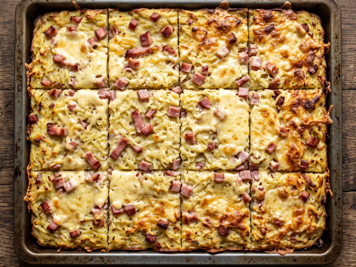 Kartoffelkuchen vom Blech mit Schinken und Gouda