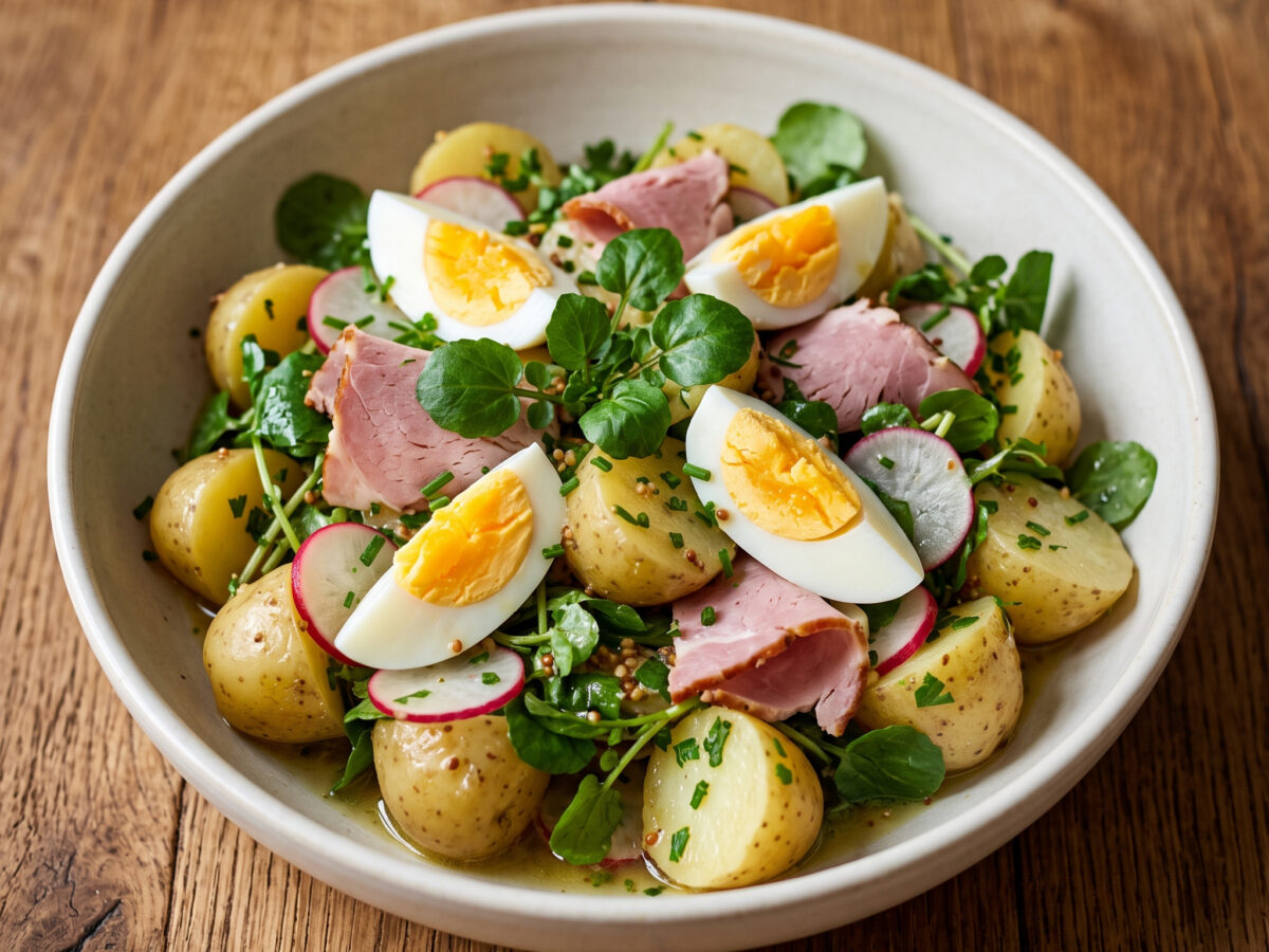 Kartoffelsalat mit Erfurter Brunnenkresse, Ei und Schinken