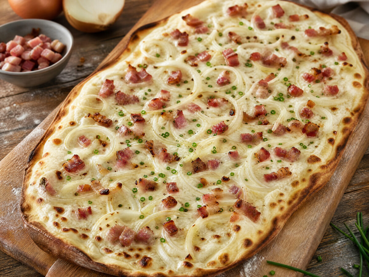Knuspriger Flammkuchen aus Baden mit Sauerrahm, Zwiebeln und Speck