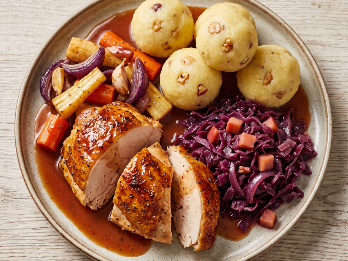 Knuspriges Bauernhuhn mit Knödeln und Rotkohl