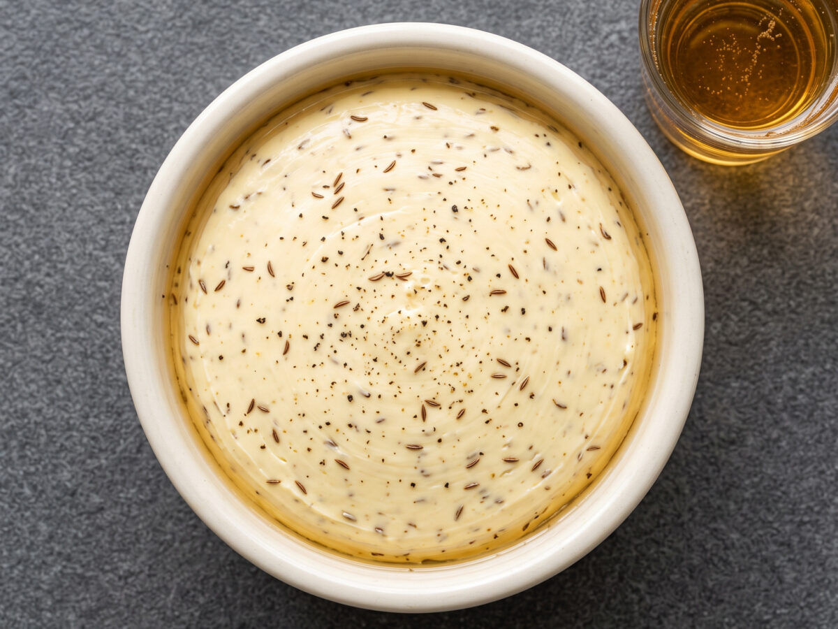 Kochkäsebutter mit Handkäse, Kümmel und Apfelwein