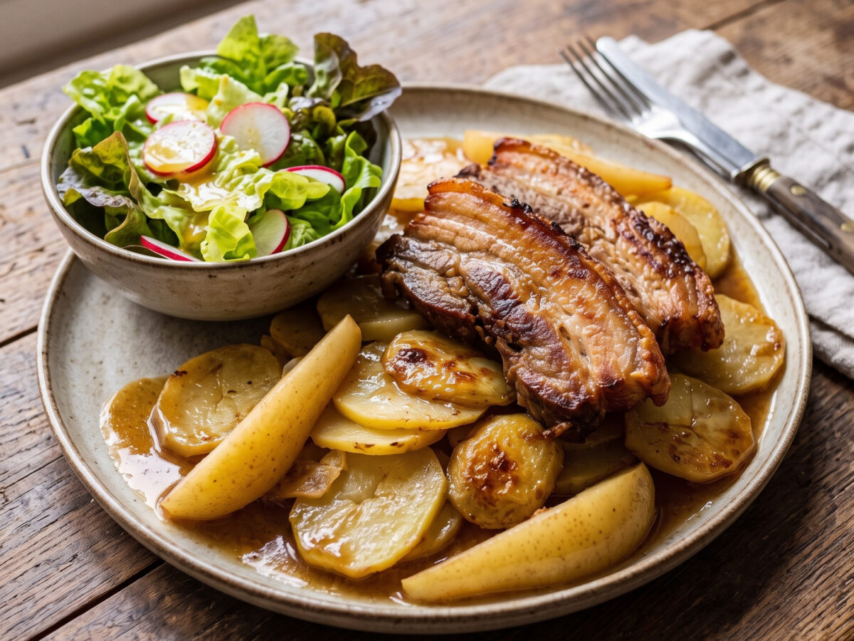 Sachsen-Anhalt · Schmorpfanne | Köthener Schusterpfanne mit Schweinebauch | Herzhafter Schweinebauch trifft süße Kochbirnen und knusprige Kartoffeln.