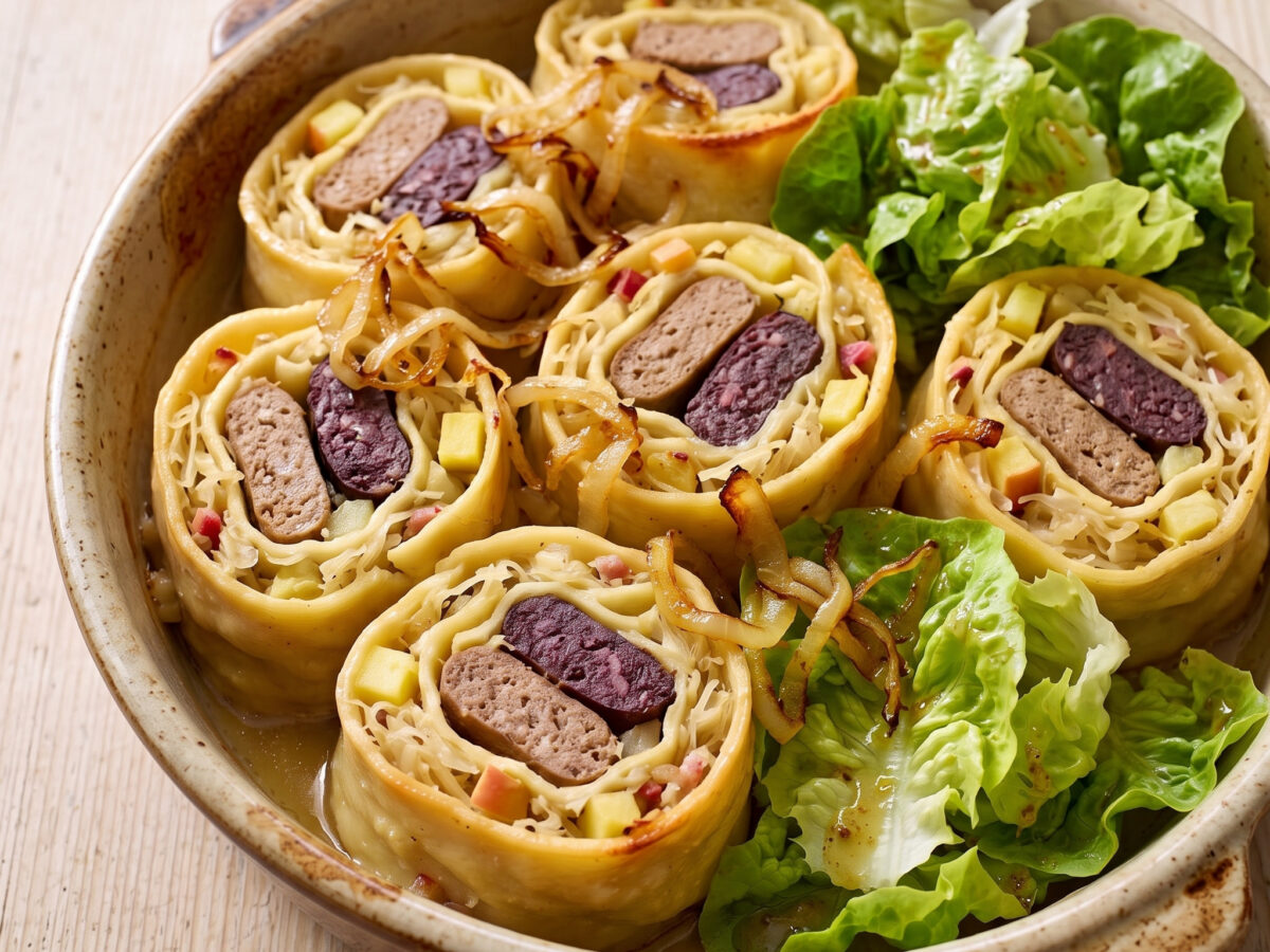 Schwäbische Pfannenspezialität | Krautkrapfen mit Leber- und Blutwurst | Würziges Sauerkraut, Apfel und Wurst im gerollten Nudelteig
