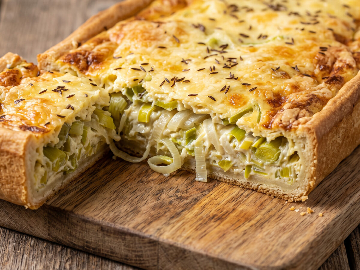 Lauchkuchen mit Zwiebeln und Bergkäse
