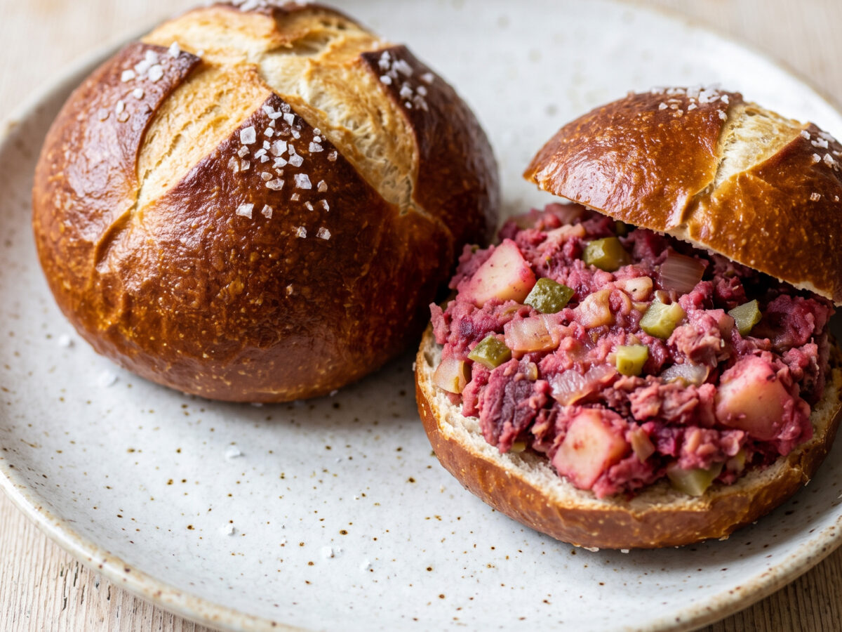 Hamburger Laugenidee mit kräftiger Füllung