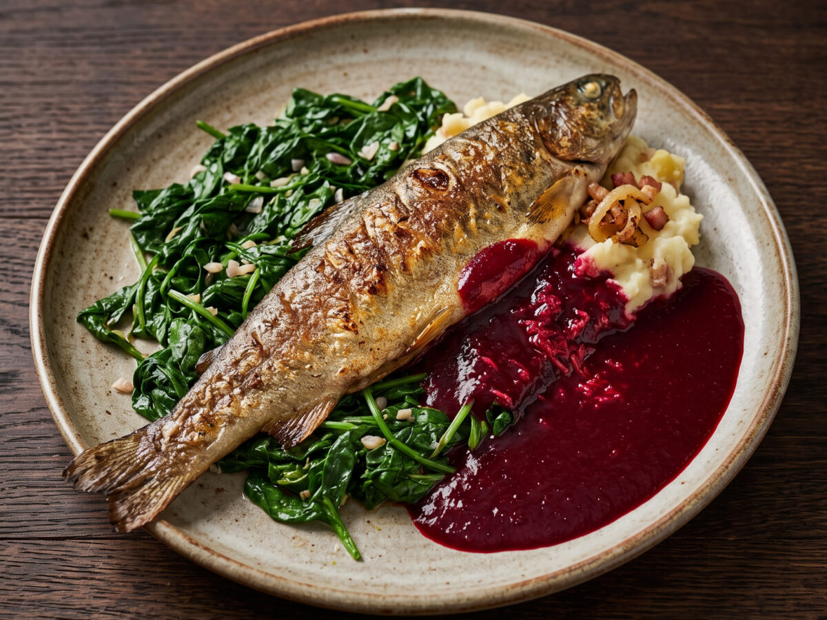 Ein ganzer Teller aus Fisch, Wurzelgemüse und Grün
