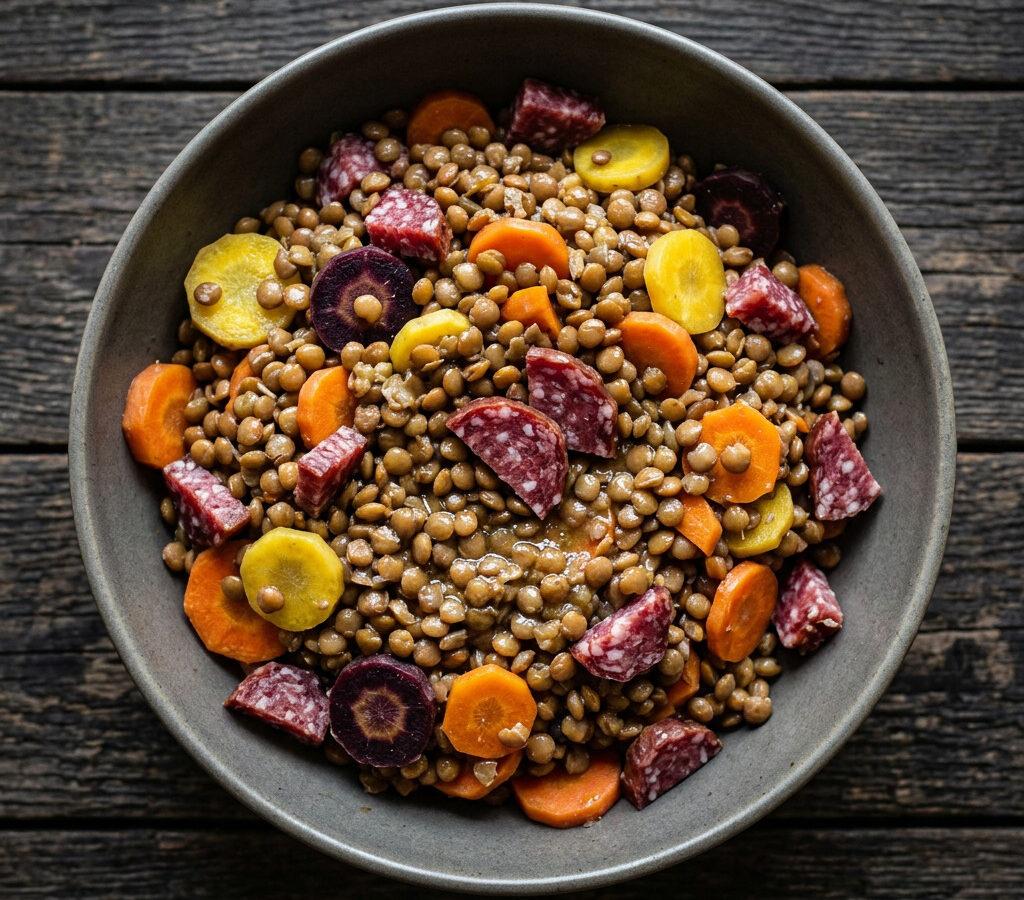 Lauwarmer Linsensalat mit bunten Karotten und norddeutscher Salami