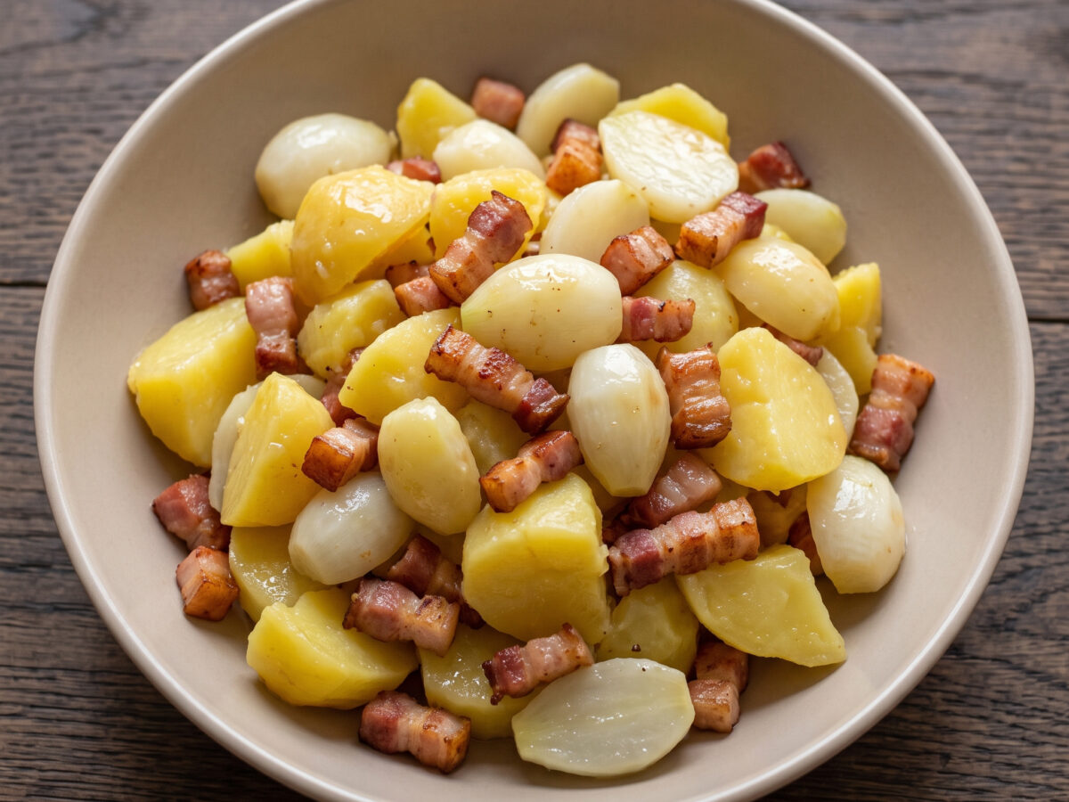 Lauwarmer Teltower-Rübchen-Kartoffel-Salat mit Speck
