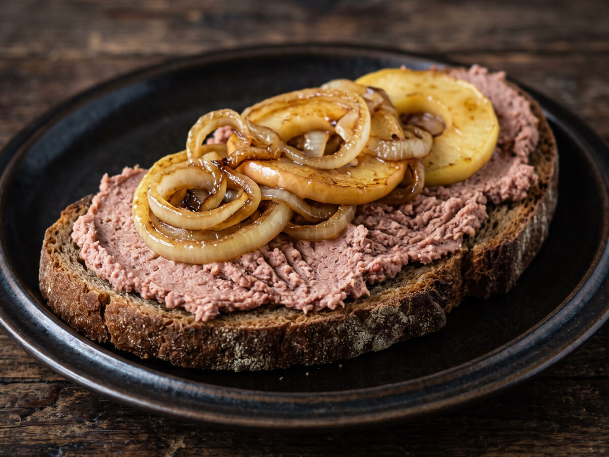 Leberwurstbrot mit Apfel und Zwiebeln