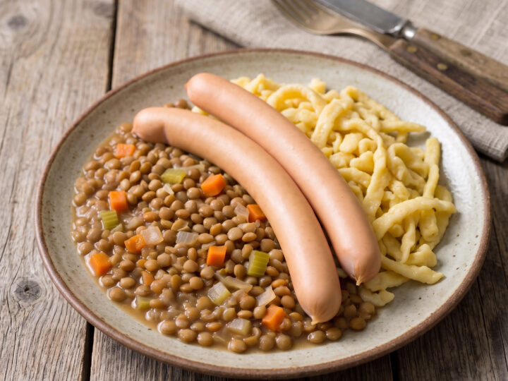 Schwäbisches Tellergericht | Linsen mit Spätzle und Saitenwürstchen | Cremige Linsen, weiche Spätzle und heiße Saitenwürstchen – herzhaft sättigend