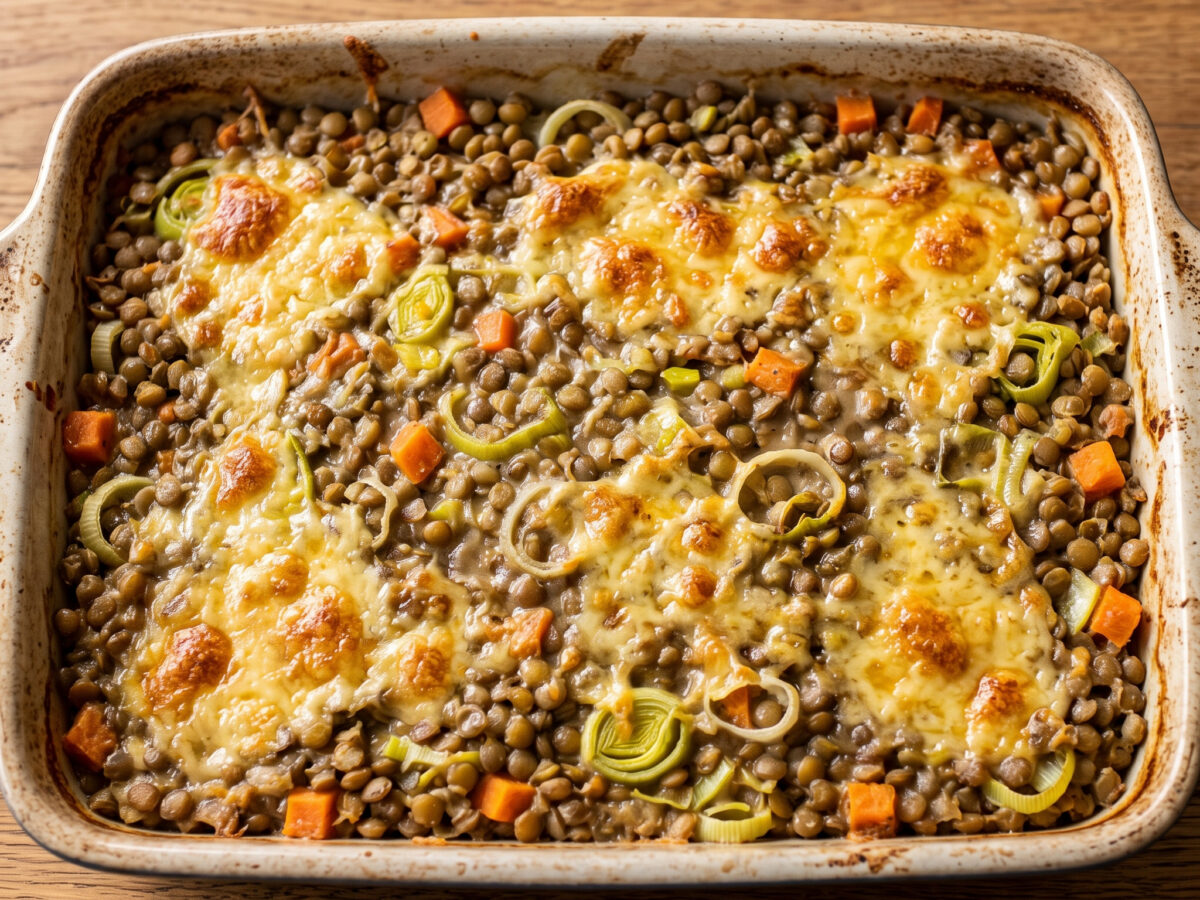 Linsenauflauf mit Lauch, Möhren und Bergkäse