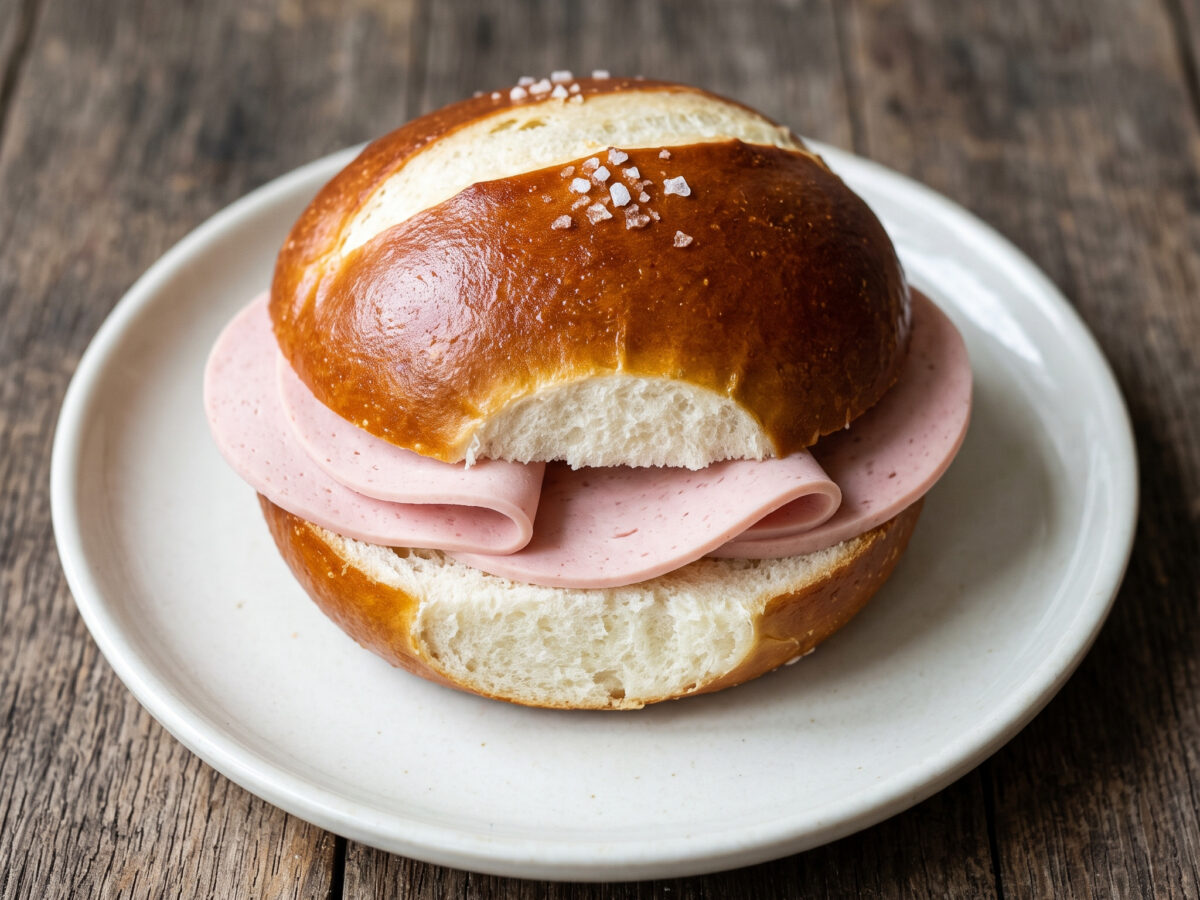 Lyoner im Laugenbrötchen mit Senfzwiebeln
