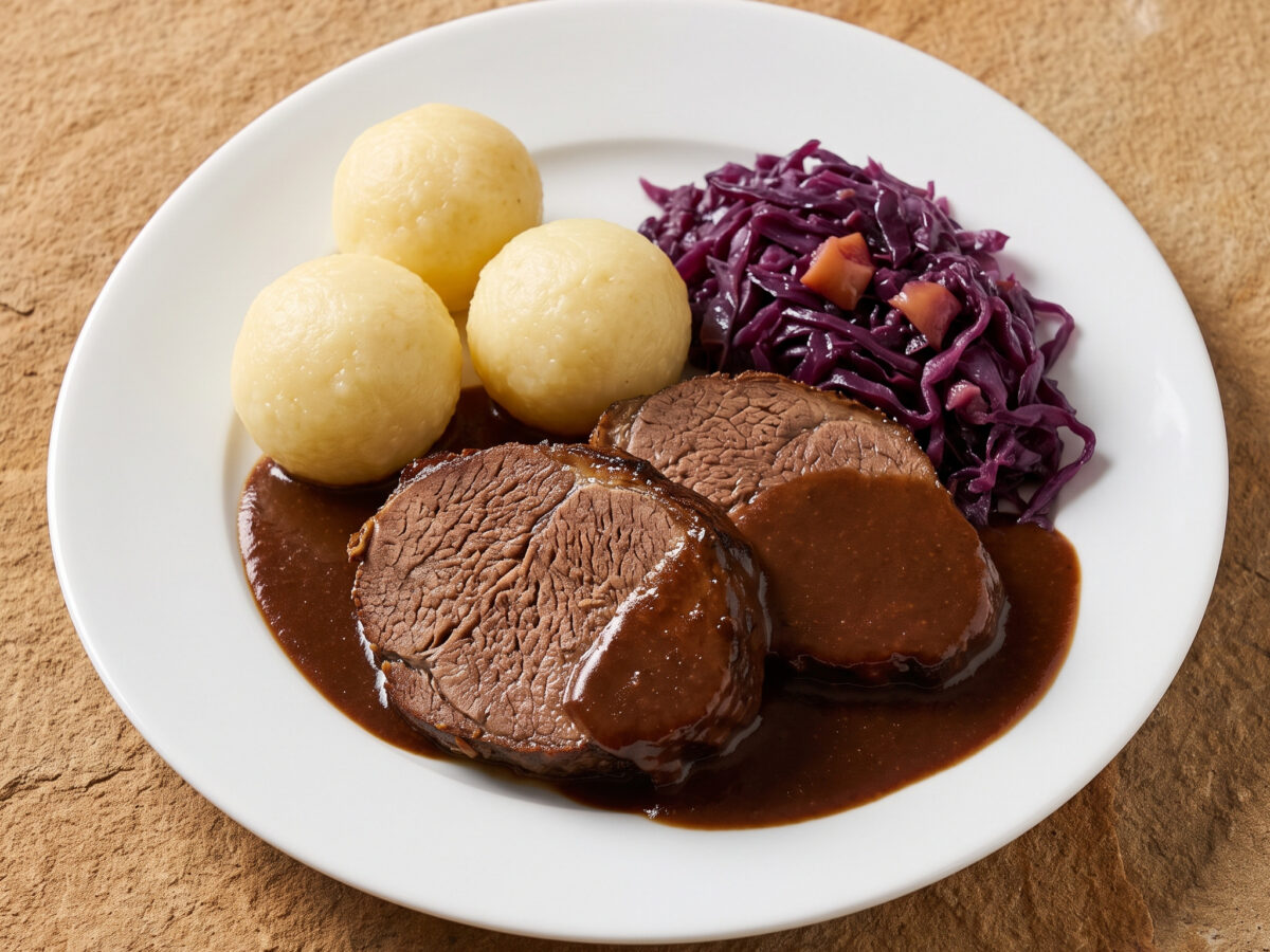 Märkischer Sauerbraten mit Kartoffelklößen und Rotkohl