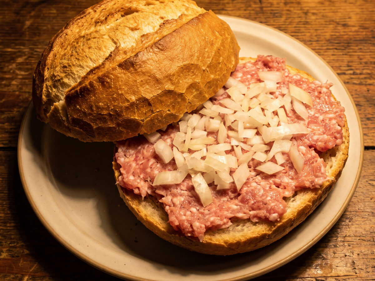 Sachsen-Anhalt | Magdeburger Börde-Hackepeterbrötchen | Frisches Mett auf knusprigem Brot mit viel Zwiebeln und deftigen Gewürzen.
