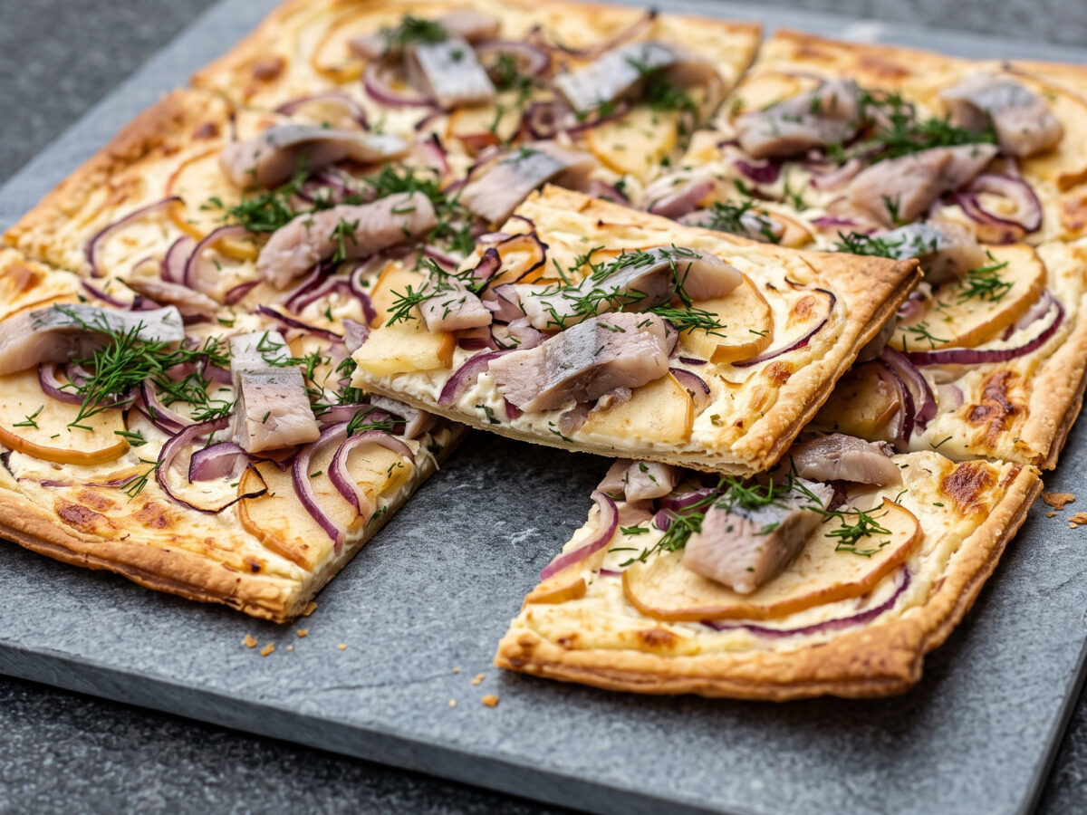 Matjes-Flammkuchen mit Apfel und Zwiebel