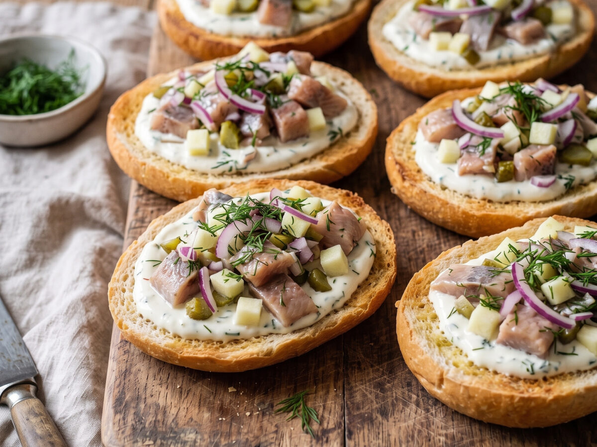 Hamburger Fisch-Vesper | Matjesbrötchen mit Hausfrauensauce | Cremige Apfel-Zwiebel-Soße mit knackiger Gurke und zartem Matjes im Brötchen.