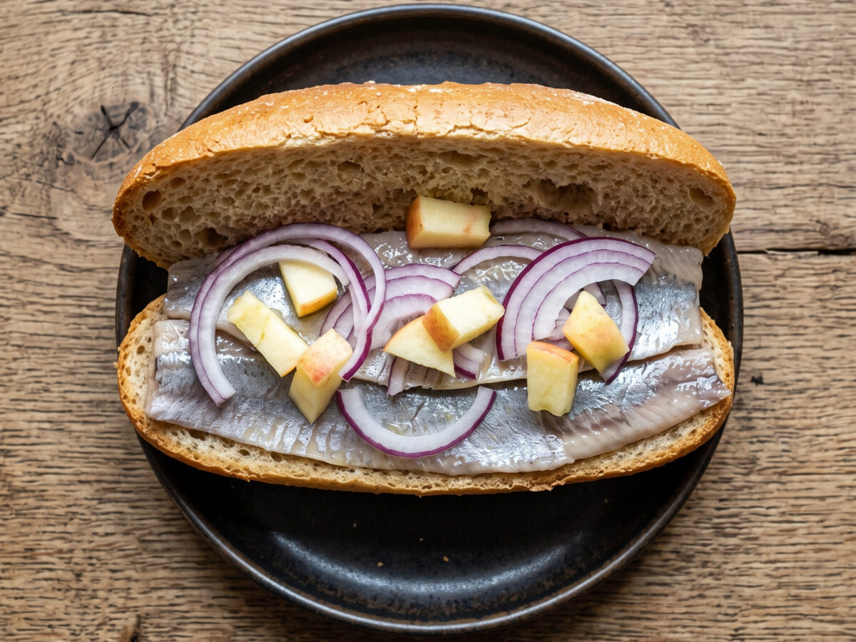 Matjesbrötchen mit Zwiebeln und Apfel