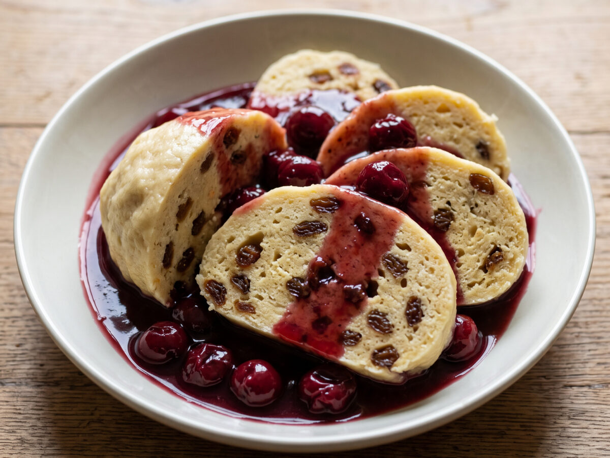 Meelbüdel mit Rosinen und Kirschsoße