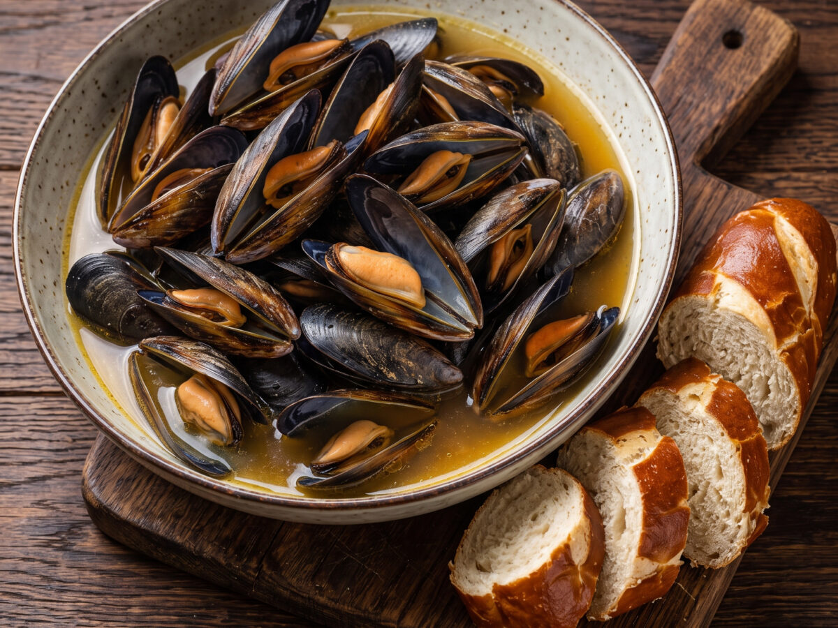 Miesmuscheln im Biersud mit Brezenbrot