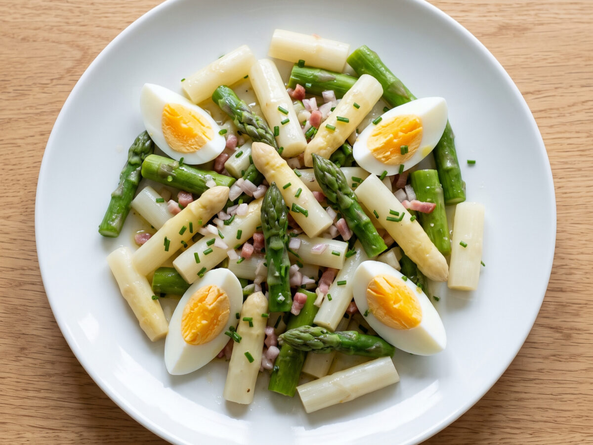 Frischer deutscher Salat | Niedersächsischer Spargelsalat mit Ei | Zarter Spargel, cremiges Ei und ein frisches Kräuterdressing