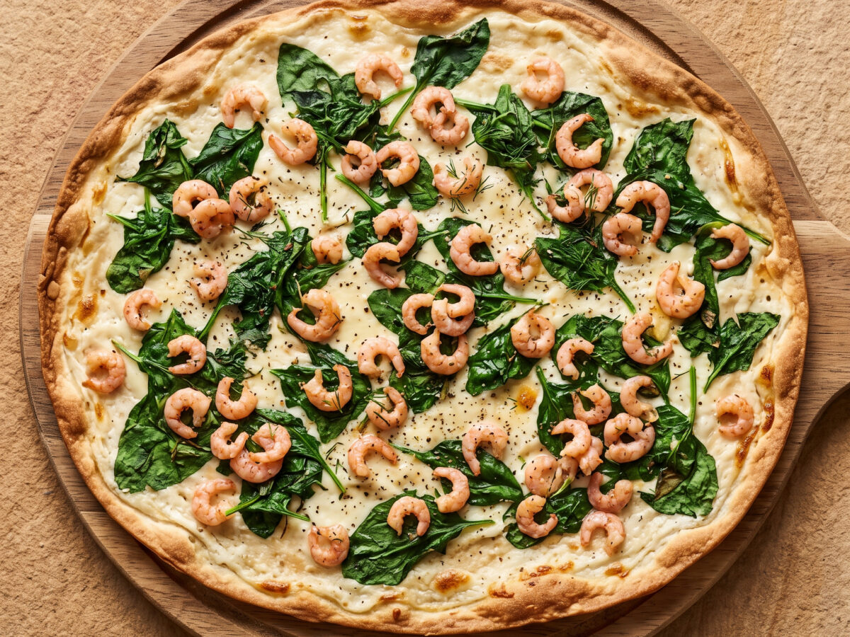 Nordseekrabben-Flammkuchen mit Spinat