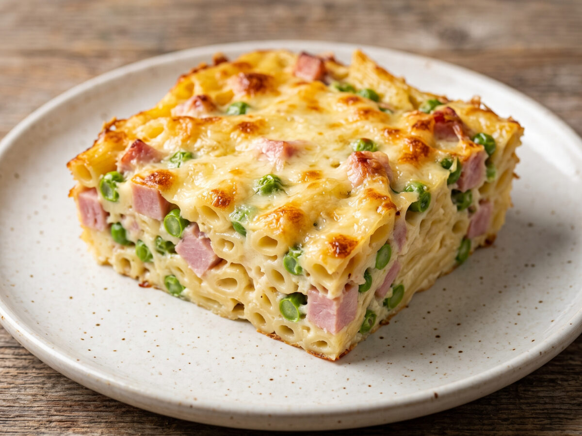 Nudelauflauf mit Schinken und Erbsen