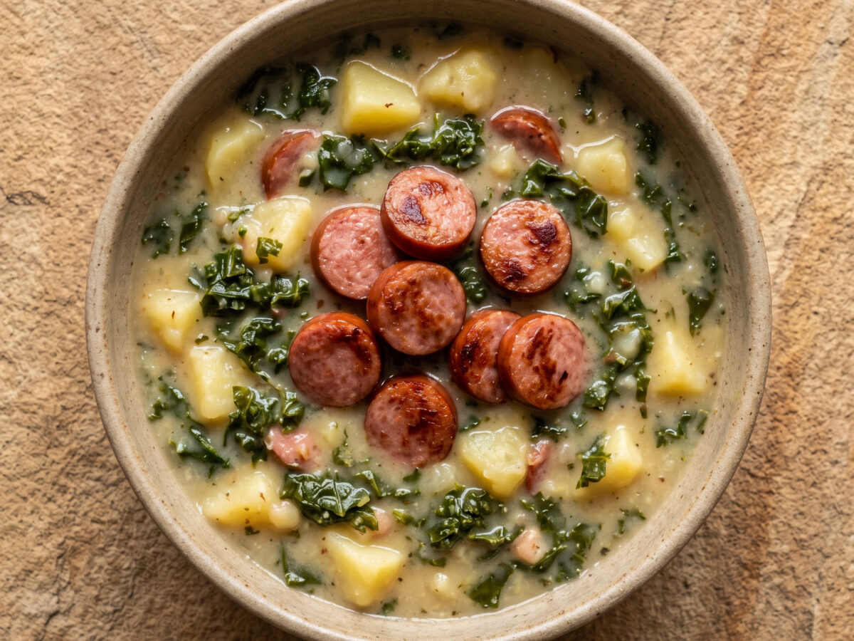 Oldenburger Kartoffelsuppe mit Grünkohl und gebratener Mettwurst