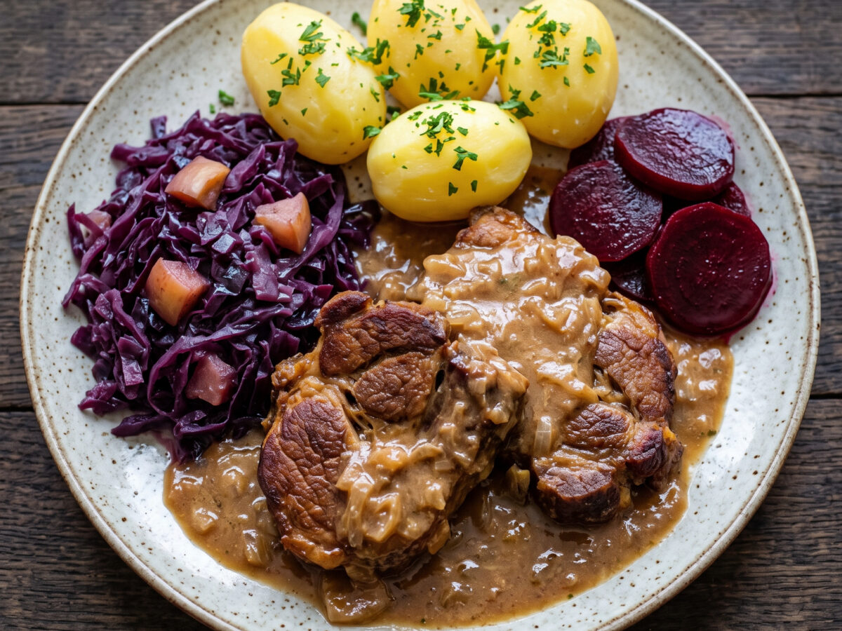 Ostfriesischer Snirtjebraten mit Rotkohl und Salzkartoffeln