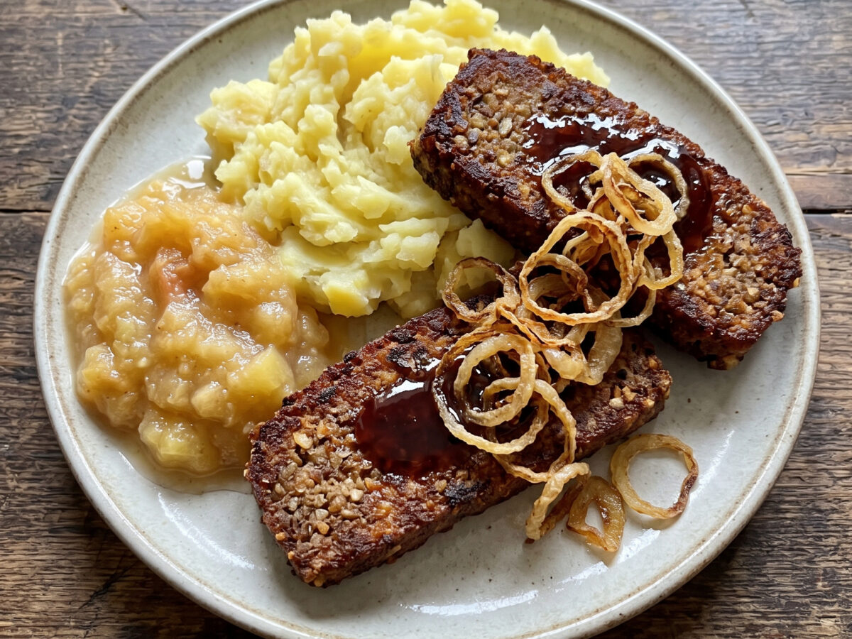 Panhas mit Kartoffelpüree, Apfelkompott und Röstzwiebeln