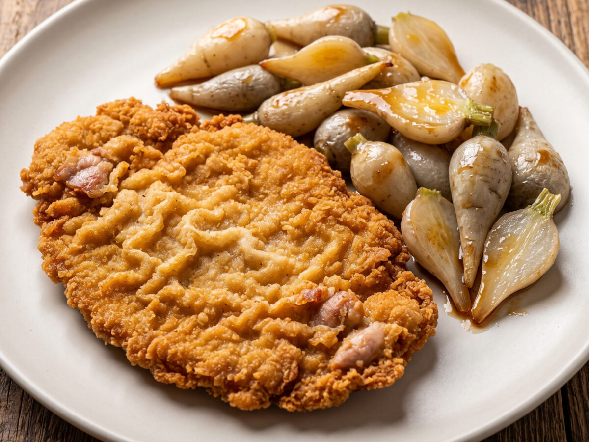 Paniertes Schweineschnitzel mit glasierten Teltower Rübchen