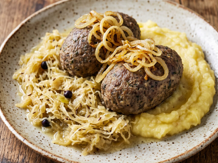 Herzhaftes Knödelgericht | Pfälzer Leberknödel | Würzige Leberknödel, mildes Sauerkraut und cremiges Kartoffelpüree