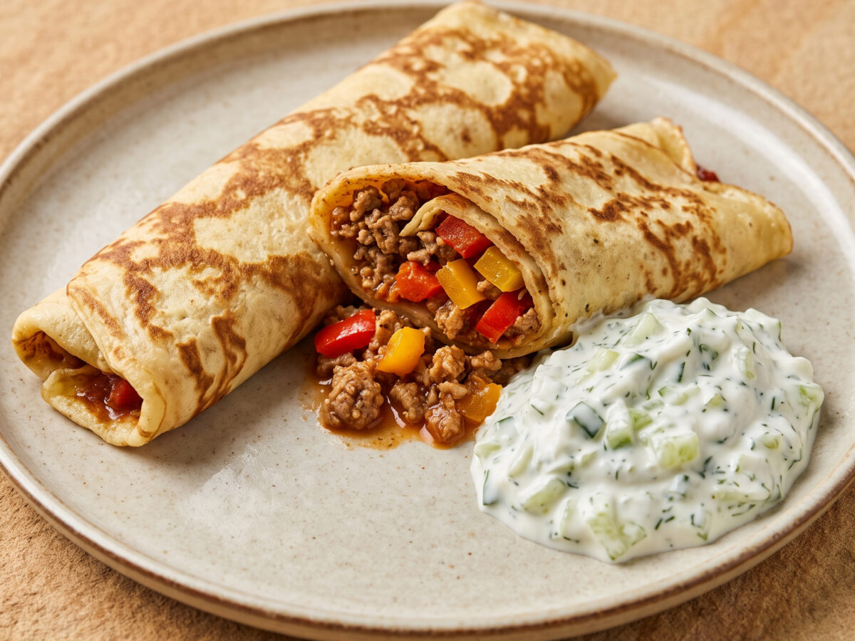 Pfannkuchen mit Paprika-Hack-Füllung und Gurkenquark