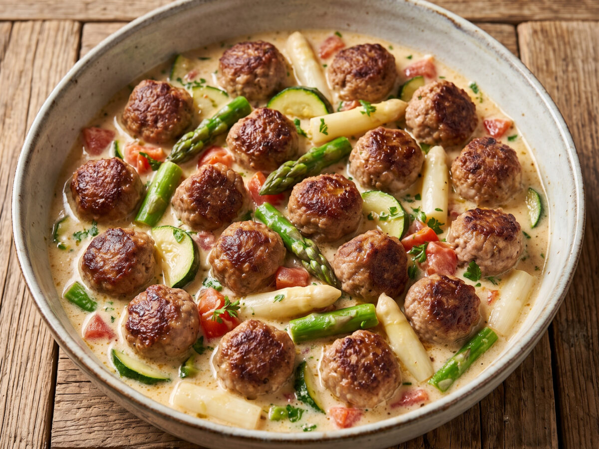 Pikantes Spargelratatouille mit Fleischklößchen