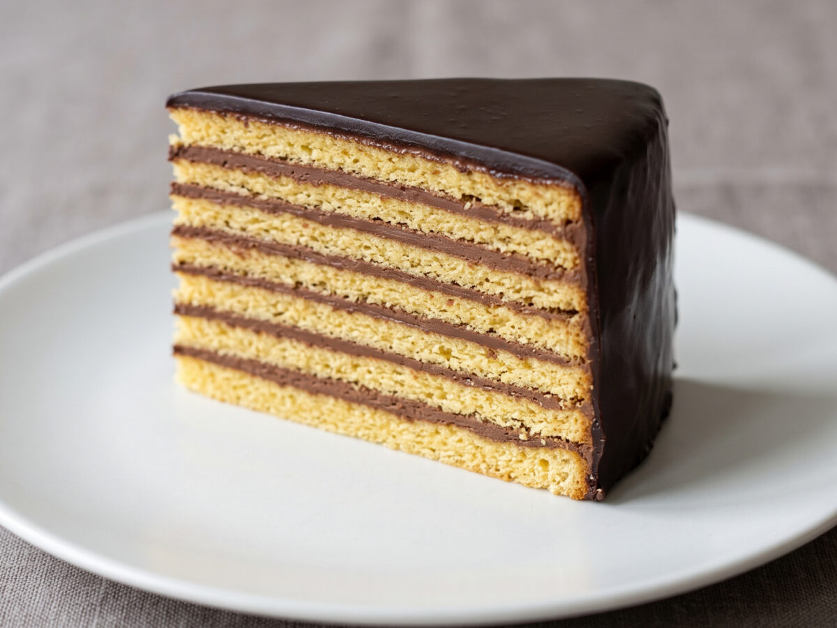 Bayerische Schichttorte | Prinzregententorte | Feine Biskuitschichten mit Schokobuttercreme und Glasur
