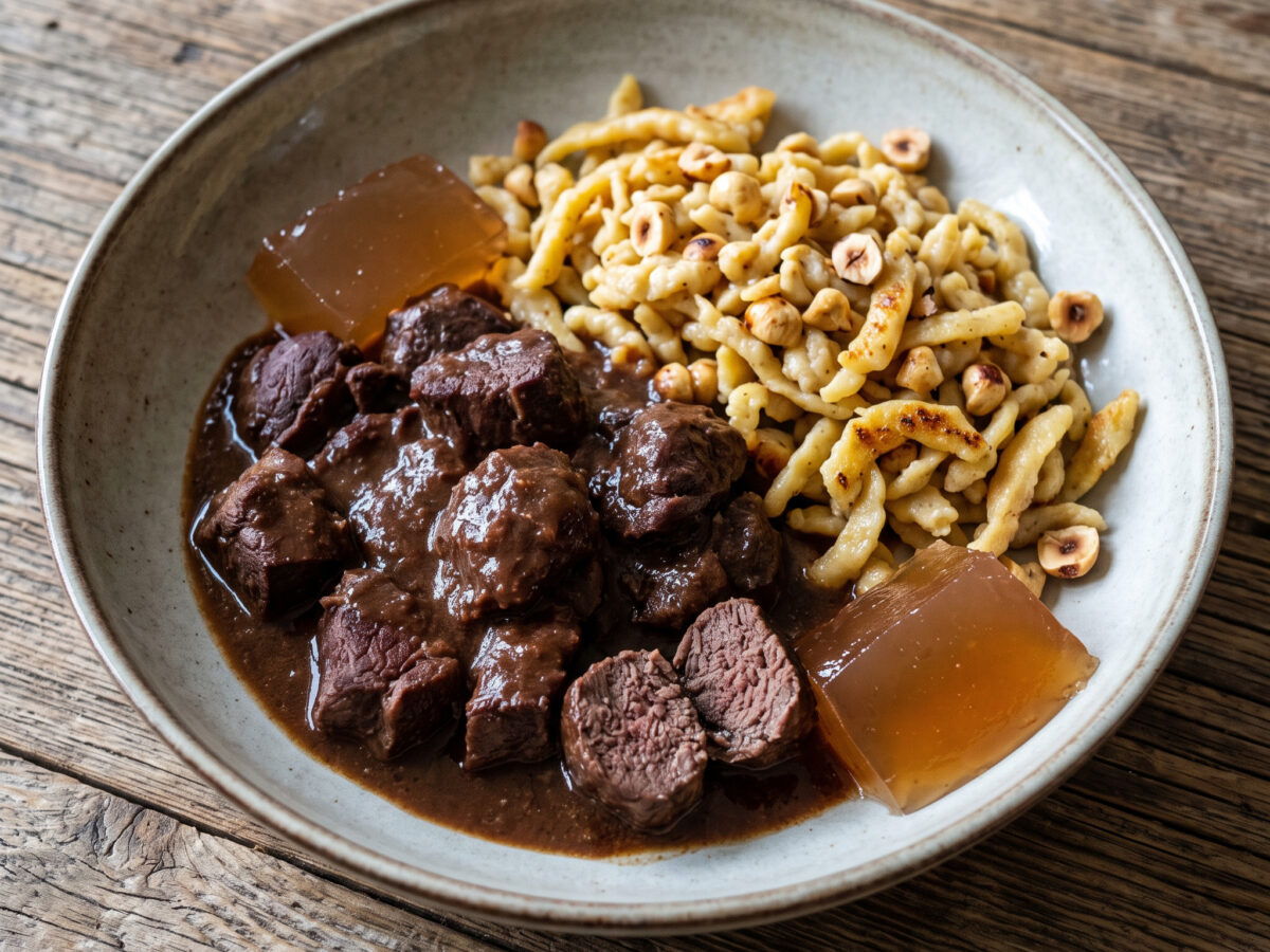 Rehragout mit Haselnuss-Spätzle und Quittengelee