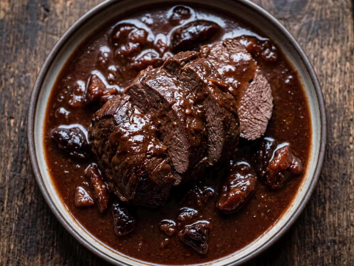 Rehsauerbraten mit Backpflaumensoße