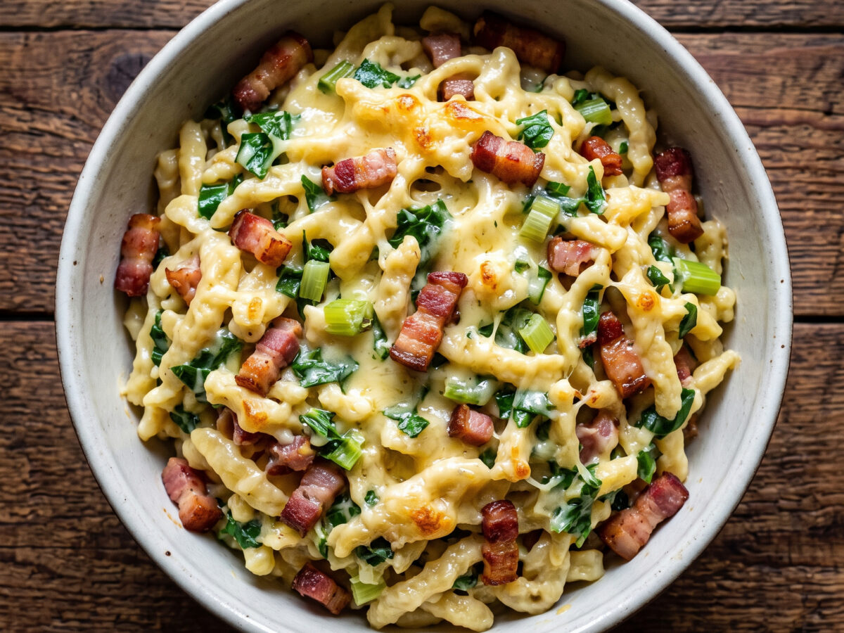 Rheinische Rübstiel-Käsespätzle mit Speck